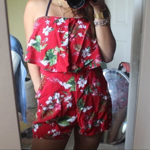 Red strapless floral romper